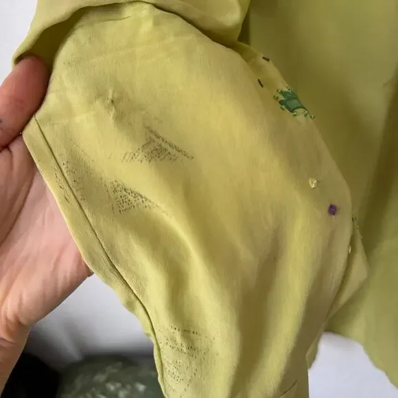 Vintage Green Silk Sequin Embroidered Rainbow Frog Button Up Top - Picture 8 of 8